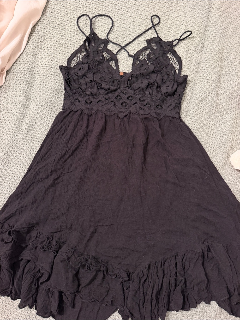 Black Lace-Detail Mini Dress with Ruffled Hem